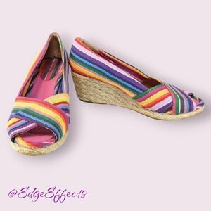 Rampage Adorer Rainbow Striped Peep Toe Heeled Wedges Size 8